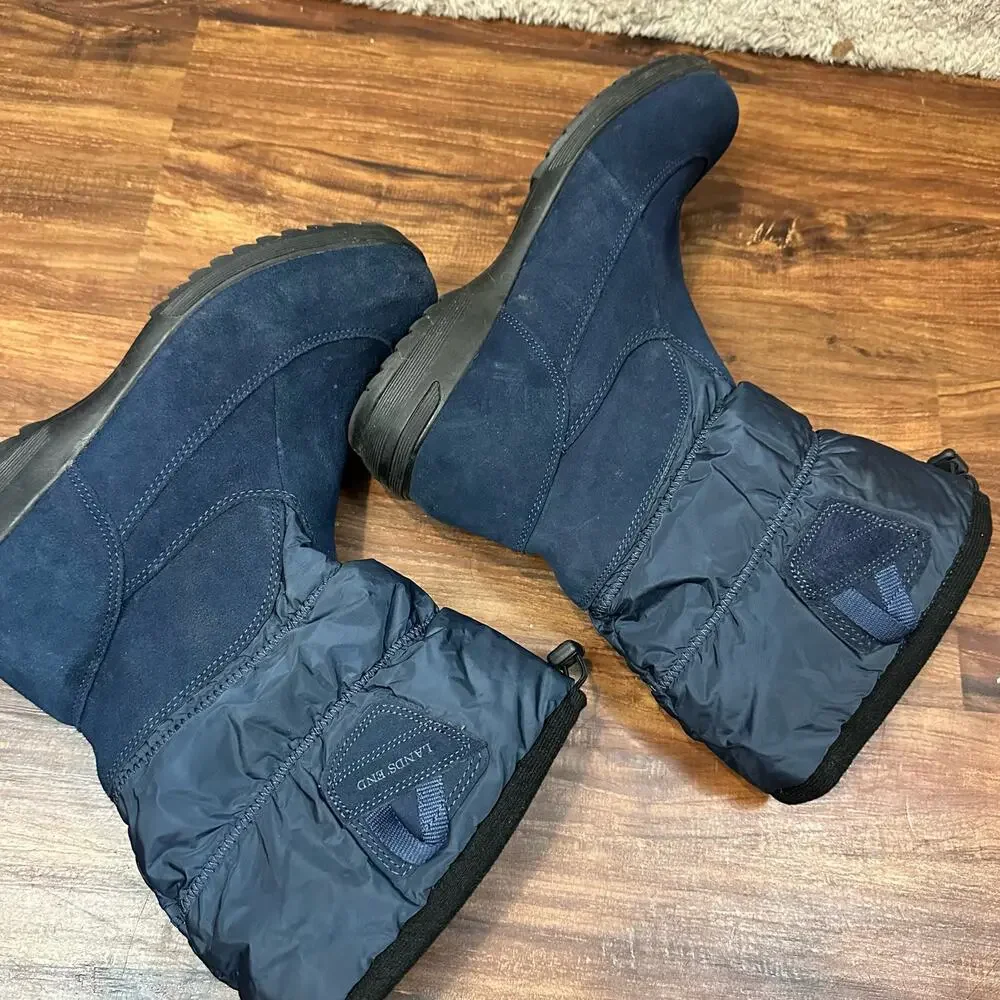 Lands End Blue Suede Slip On Slouch Winter Snow Boots 461673 Women's 9 9B